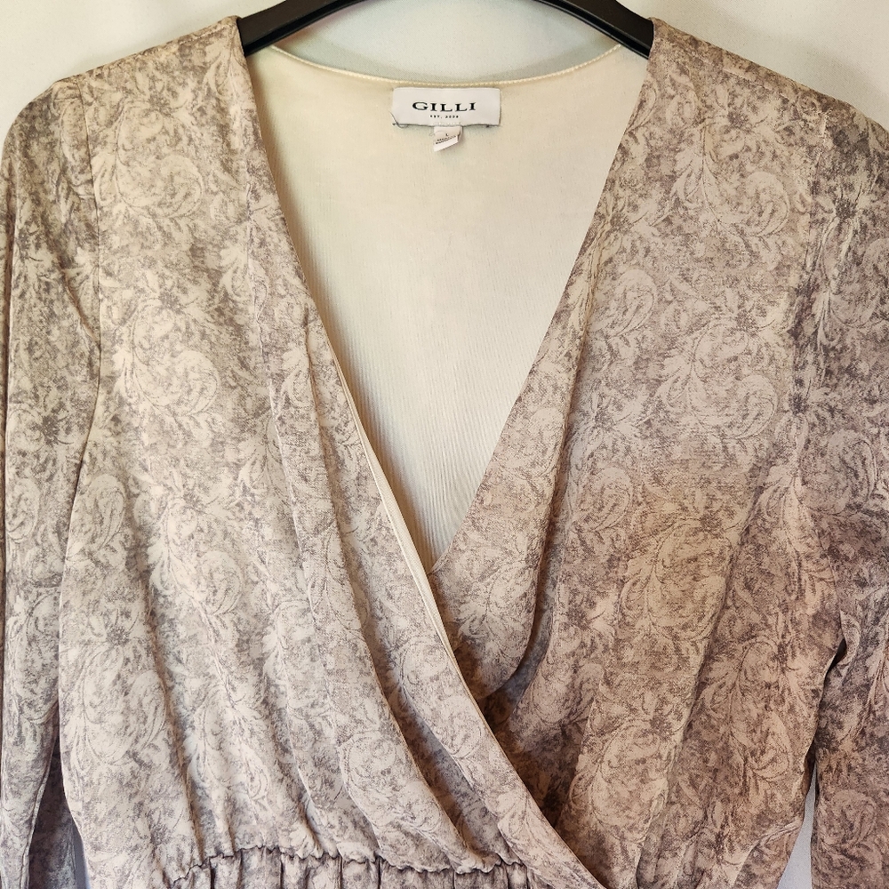 GILLI Long Sleeve Patterned Faux Tie Waist Dress V-Neck Lightweight Size L - Picture 3 of 12
